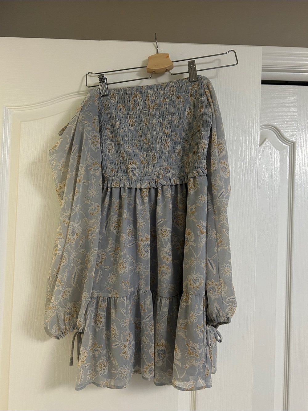 Dynamite Light Blue Floral Smocked Off-Shoulder Long Sleeve Dress